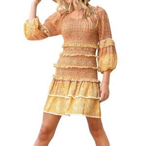 New Barok Paris Yellow Sunflower Floral Smocked Ruffled Cotton Dress sz 8